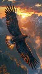 Obraz premium Majestic eagle soaring over mountainous landscape during a vibrant sunset, symbolizing freedom, strength, and natural beauty.