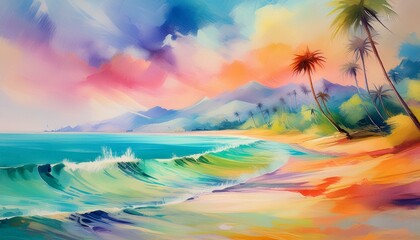 Illustration of a summery landscape of ride blue, vivid green, and beautiful sandy beach reminiscent of a tropical seaside. Watercolor paintings with a fantastic and gentle touch. Tropical palm trees 