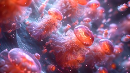 Obraz premium Mesmerizing Glow of Bioluminescent Jellyfish in the Depths of the Ocean