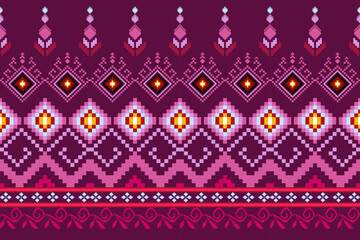 Pixel pattern ethnic oriental traditional. Design fabric pattern textile African, Aztec African America Indian seamless. Floral pixel art pattern on navy background  vector illustration