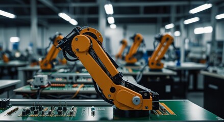 Advanced High Precision Robot Arms on Fully Automated PCB Assembly Line Inside Modern Electronics Factory. Electronic Devices Production Industry. Component Installation. Machine in a factory.