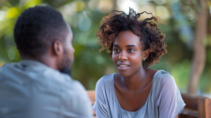 Fototapeta premium two people engaged in deep conversation, one listening attentively while other shares thoughts, emotions. Listener's expression reflects empathy, understanding, conveying sense of connection, support