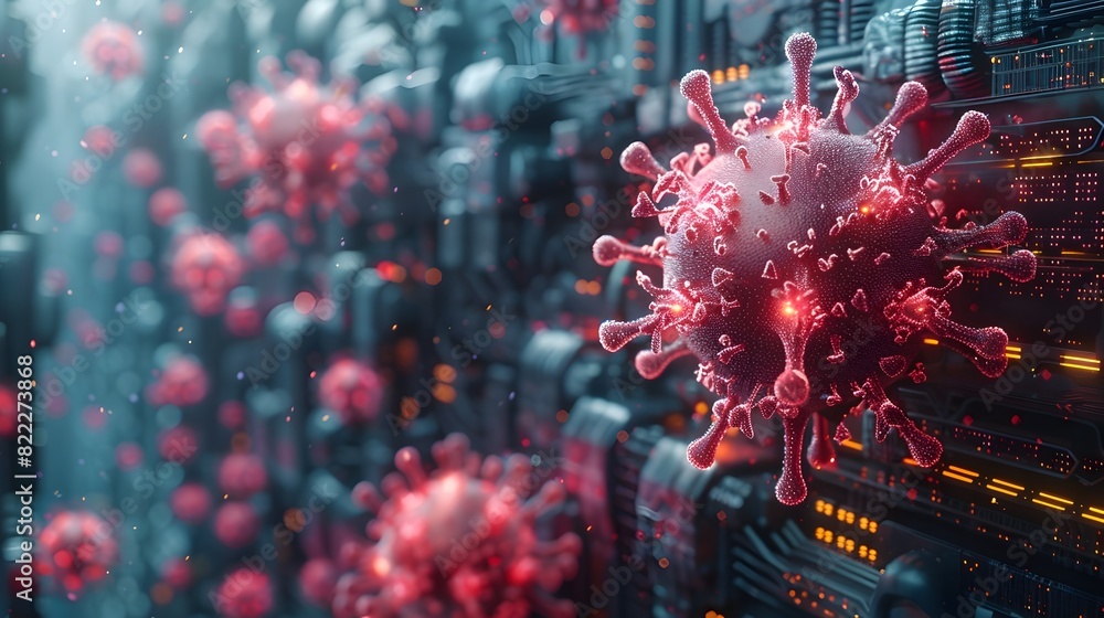 Poster microscopic view of threatening covid 19 virus cells spreading rapidly across the globe