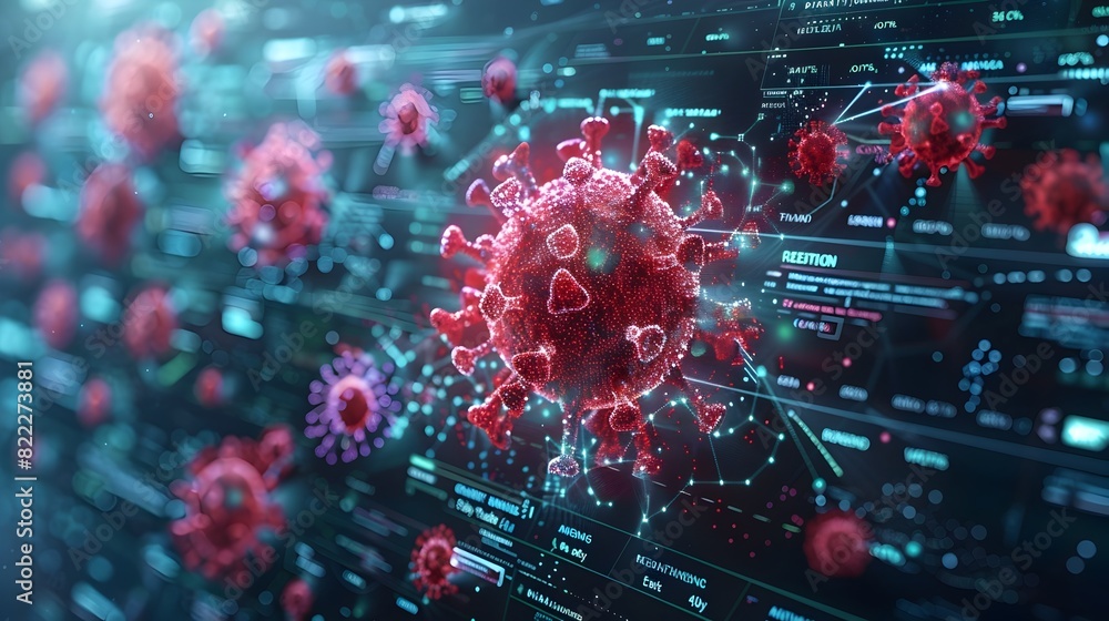 Aufkleber microscopic view of viral outbreak with futuristic digital backdrop