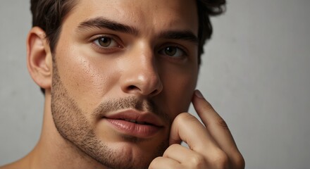 Man with beautiful face touching healthy facial skin portrait.  Skincare and cosmetics concept with copy space for text. close up , copy text