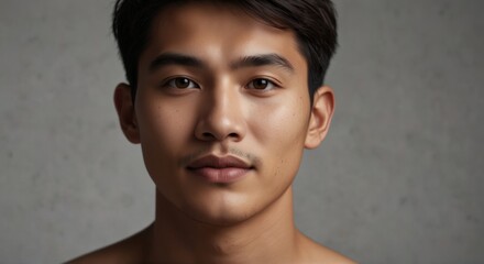 Skincare and cosmetics concept with copy space for text. man with beautiful face touching healthy facial skin portrait. Beautiful happy Asian boy model with natural, close up , copy text