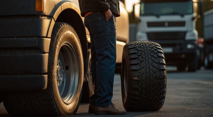 Truck driver inspecting safety of tires before the ride on the road, copy text