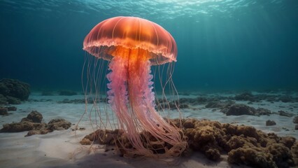 One Neon Jellyfish swim on the beach at large, beautiful isolated jellyfish in the ocean 