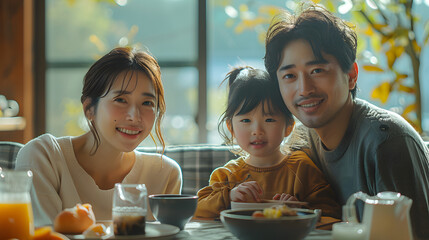 A family sit around a dining table with food. They are all looking at each other and smiling.