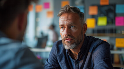 Fototapeta premium leader listening attentively to concerns of team members, offering support, guidance. compassionate leadership, where leaders prioritize well-being of employees, lead with empathy, integrity.