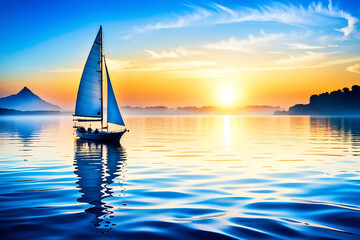 Fototapeta premium Beautiful seaside in sunset, white sail in the sea, serene atmosphere, gentle sunlight