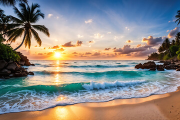 Beautiful tropical seaside in sunset, serene atmosphere, gentle sunlight