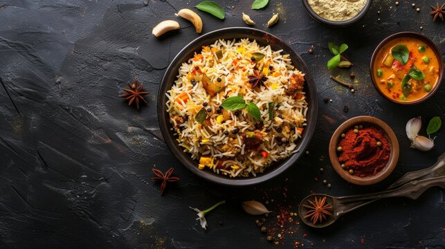 Top view of Indian biryani with basmati rice and spices, using the rule of thirds, with ample copy space