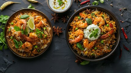 Top view of Indian biryani with raita, using the rule of thirds, with ample copy space, aromatic and spicy, high-quality image