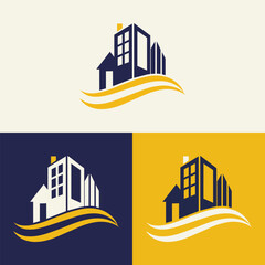 Fototapeta premium real estate logo design featuring blue and yellow colors with silhouette buildings in the background