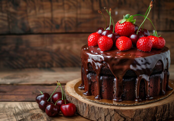 Delicious chocolate cake with dripping dark brown, strawberries and cherries on a wooden background.