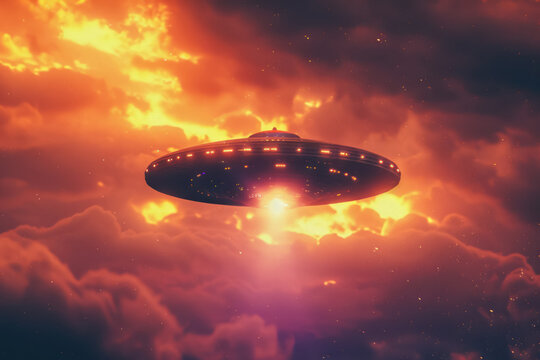 dramatic holographic ufos with spotlights against a fiery sunset sky
