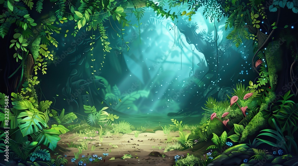 Wall mural illustration of a magical jungle with a fantasy background in the style of a cartoon