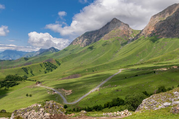 View from the Tsey Loam pass. In the upper reaches of the Dzheyrakh gorge. Republic of Ingushetia,...