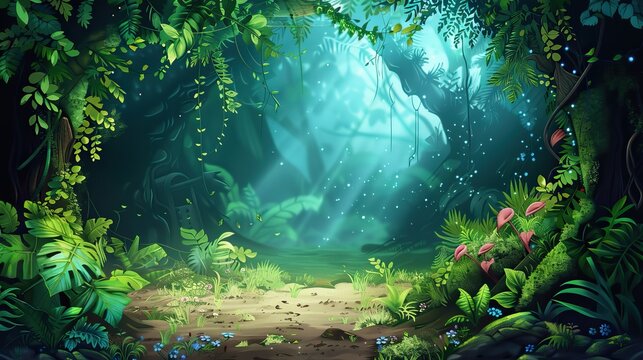 Fototapeta illustration of a magical jungle with a fantasy background in the style of a cartoon