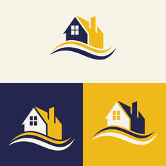 real estate logo design featuring blue and yellow colors with silhouette buildings in the background