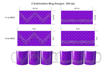 2 purple paisley bandana patterns. Sublimation templates for 11 oz and 15 oz coffee mug. Sublimation illustration.