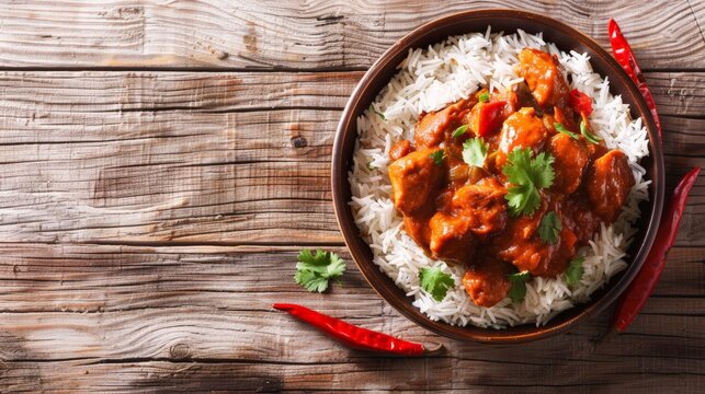 Top view of Indian vindaloo with rice, using the rule of thirds, with ample copy space, spicy and rich, high-quality image