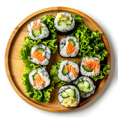 Sushi with salmon, cucumber, avocado on bamboo plate top view isolated on white background