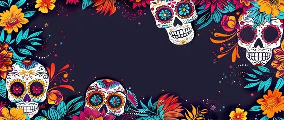Naklejka premium Vibrant Day of the Dead Doodle Border Design with Blank Center for Message or Copy