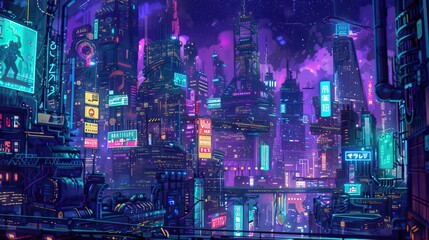 A vibrant cyberpunk cityscape at night, with neon lights and towering skyscrapers.