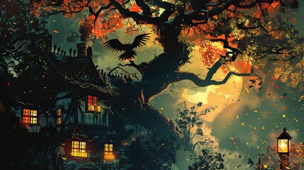 A treehouse on the branches of an old oak, surrounded by autumn leaves and glowing lanterns