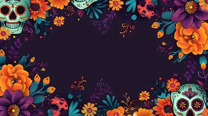 Vibrant Day of the Dead Doodle Border with Blank Space for Mockup Background