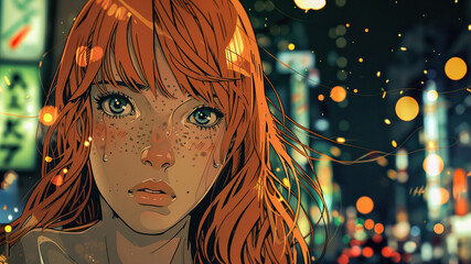 A sad young woman with long red hair and freckles in the city at night