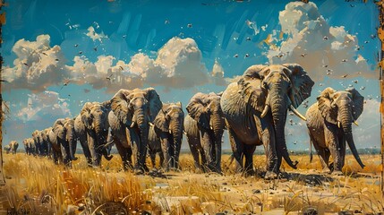 Thundering Herd of Elephants Marching Across the African Plains at Sunset