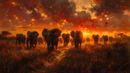 Thundering Herd of Elephants Roam Across the Vast African Plains