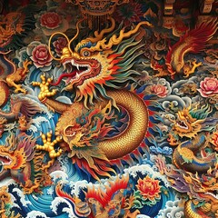 Fototapeta premium Colorful dragon, mythological creature, sculpture with intricate details on wall in Chinese temple, tradition Asian artwork, illustration image generative ai