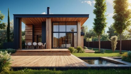 Fototapeta premium modern cozy house with wood plank facade