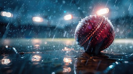 A highly detailed image of a cricket ball coated in water droplets bouncing on a wet cricket pitch, highlighted by the beams of floodlights, creating a dramatic and energetic atmosphere in the rain