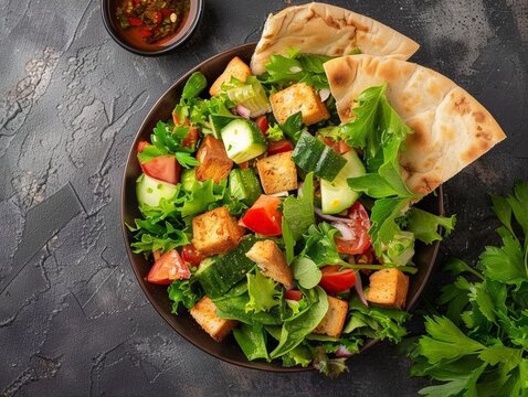 Top view of Lebanese fattoush salad with pita bread, using the rule of thirds, with ample copy space, fresh and crispy, high-quality image