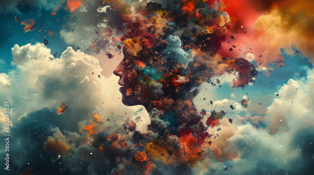 Poster dynamic and colorful digital art of a woman's profile with vibrant, exploding colors representing cr