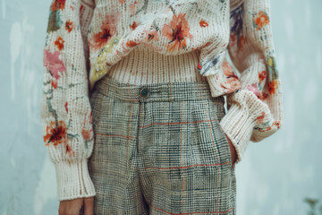 stylish floral sweater paired with a classic plaid skirt, ideal for casual chic autumn looks
