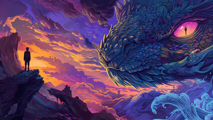 A giant dragon with glowing purple eyes, stands on the edge of an ancient mountain looking down at a small man standing in front
