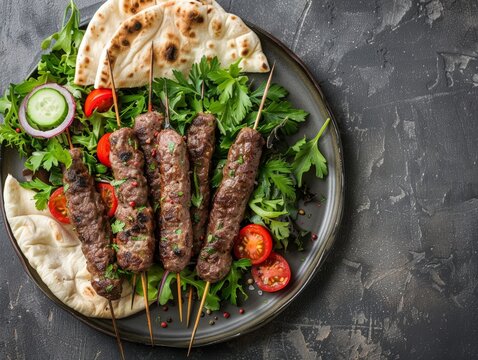 Top view of Lebanese kafta (meat skewers) with salad and pita, using the rule of thirds, with ample copy space