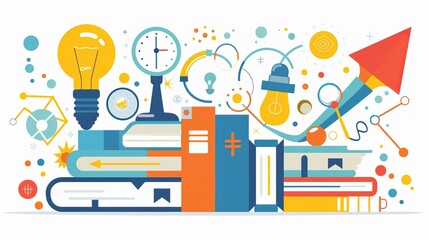A flat illustration of colorful books, lamps and a clock with arrows pointing up in the background