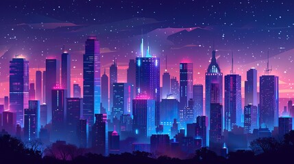 A futuristic city skyline at night, illuminated by neon lights and skyscrapers with stars in the sky.