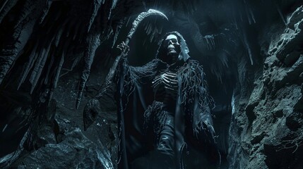 Grim Reaper in Dark, Spooky Forest Cave
