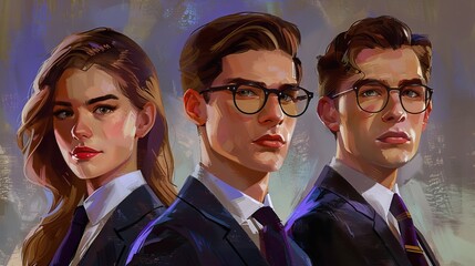 A digital painting of three young adult male and female secret agents wearing glasses, well dressed in suits with ties