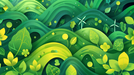 Abstract green energy environment illustrations including solar panels, wind turbines, plants, waves 