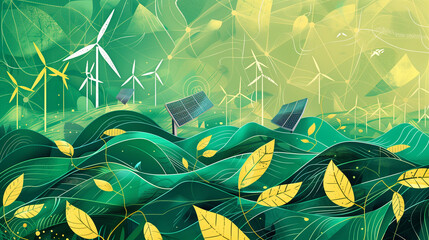 Abstract green energy environment illustrations including solar panels, wind turbines, plants, waves 