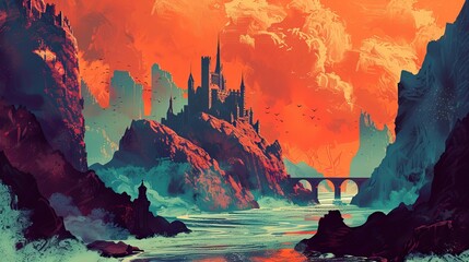 A fantasy landscape with an ominous castle on the left, a river flowing through it and an orange sky.